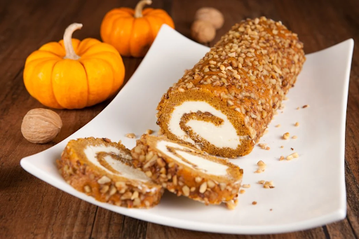 Pumpkin spice roll cake, a favourite in the pumpkin desserts category