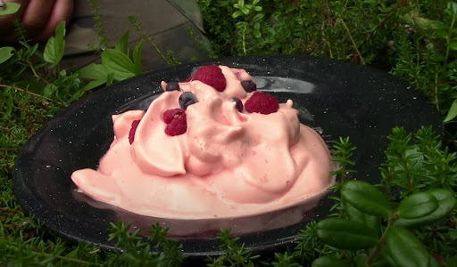 Sxusem soapberry ice cream topped with raspberries and blueberries. Sxusem savon crème glacée garnie de framboises et de bleuets.
