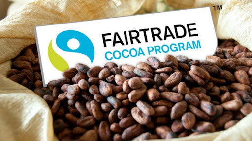 Fair trade sign amongst cocoa beans. Signe de commerce équitable entre les fèves de cacao.