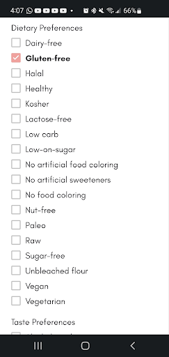 Mobile Search Dietary Preferences Filters