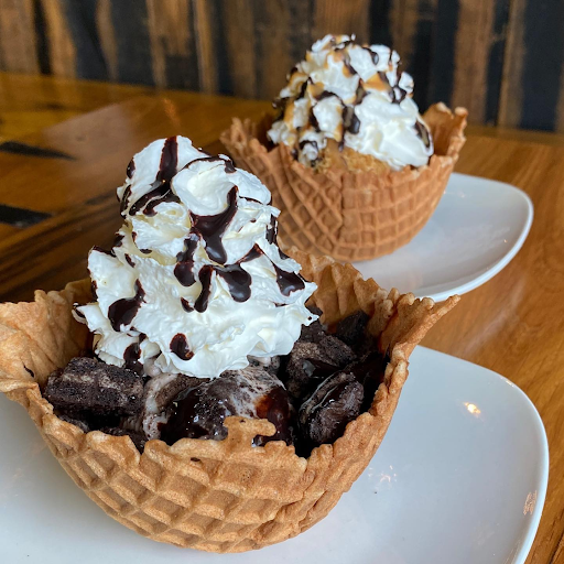 Ice cream served in a waffle bowl cone Crack Boom