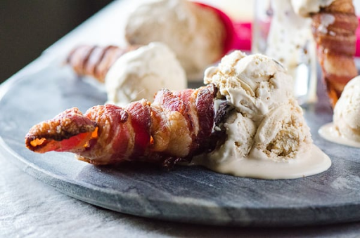 Salted caramel ice cream served in a bacon cone The Crumby Kitchen