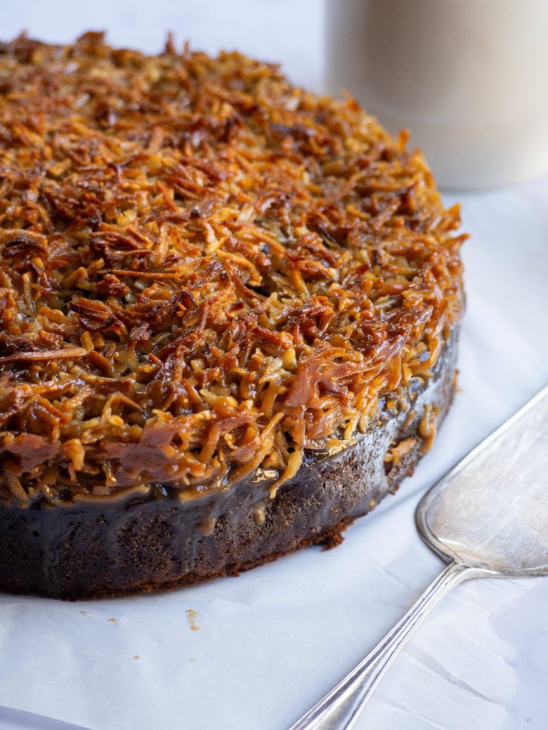 A scrumptious looking cake with syrup and coconut flakes.