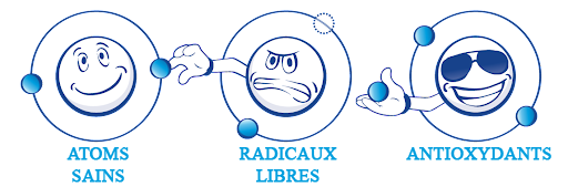 Image animée d'un antioxydant donnant un électron à un radical libre qui en vole un à un atome sain.
