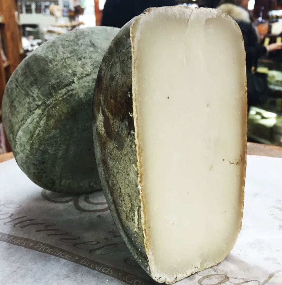 A big wheel of Garrotxa Goat Cheese, one whole and one half displayed vertically.