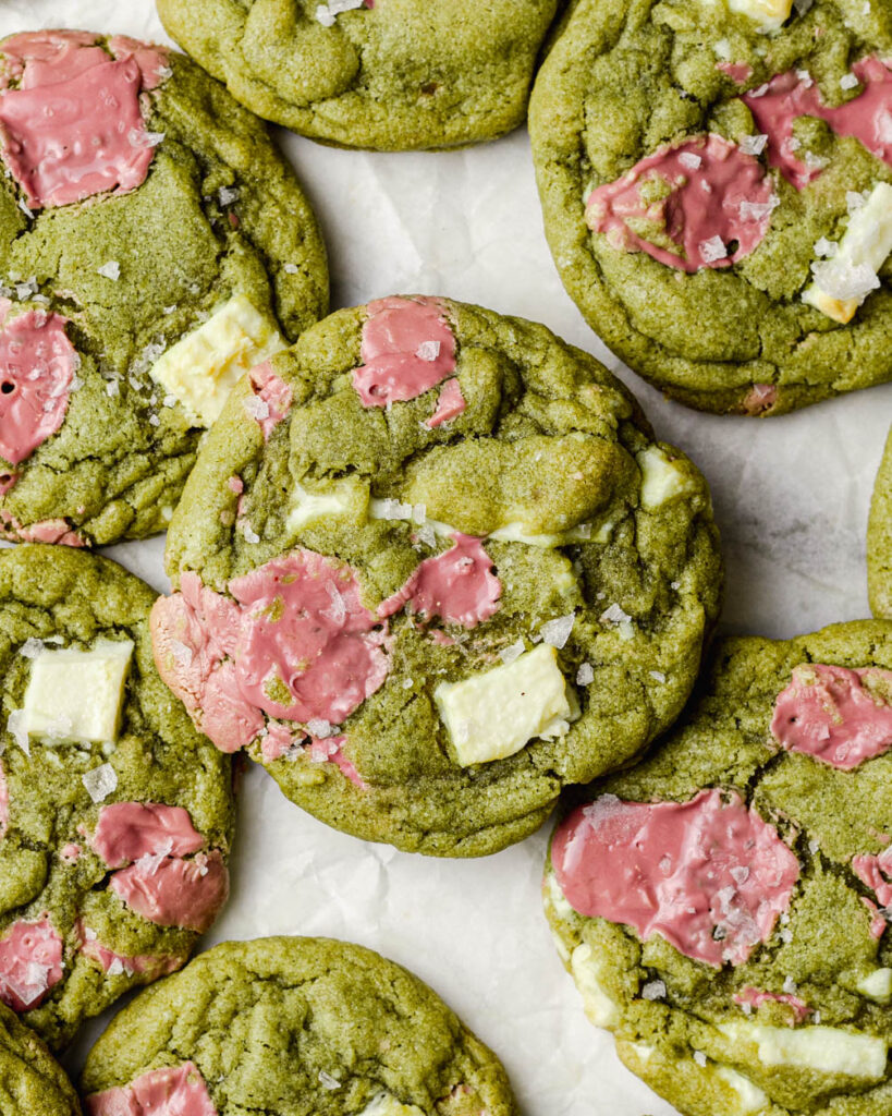 Ruby and white chocolate chunk matcha cookies