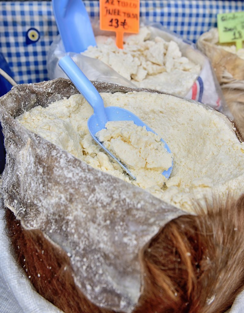 Crumbly Tulum Goat Cheese in goat skin sack.