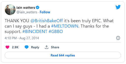 Iain Watters' tweet about the British Bakeoff Scandal
