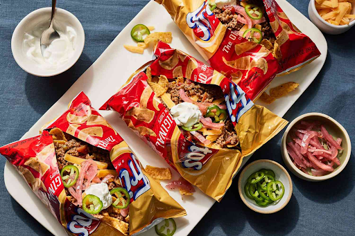 Frito pie with all the trimmings (food and wine)