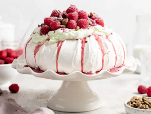 A beautiful pistachio raspberry Pavlova (Food Duchess)