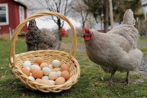 Chickens and an egg basket (The Spruce)