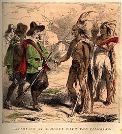 Interview of Samoset with the Pilgrims, the front page engraving, published in 1853 (Wikipedia)