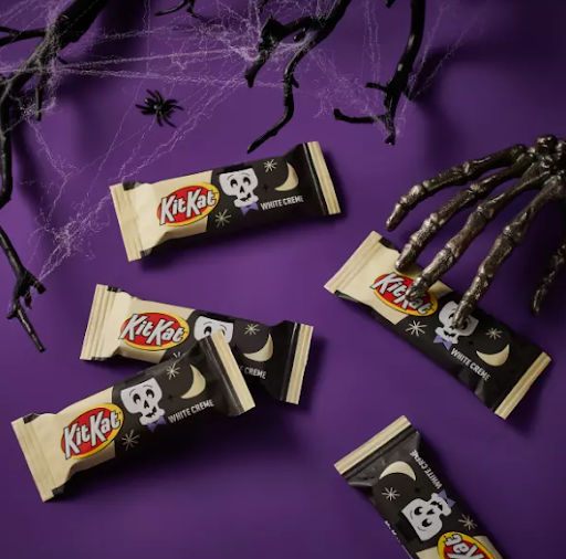 KitKat's white Creme version with skeleton packaging, perfect for Halloween trick and treat!